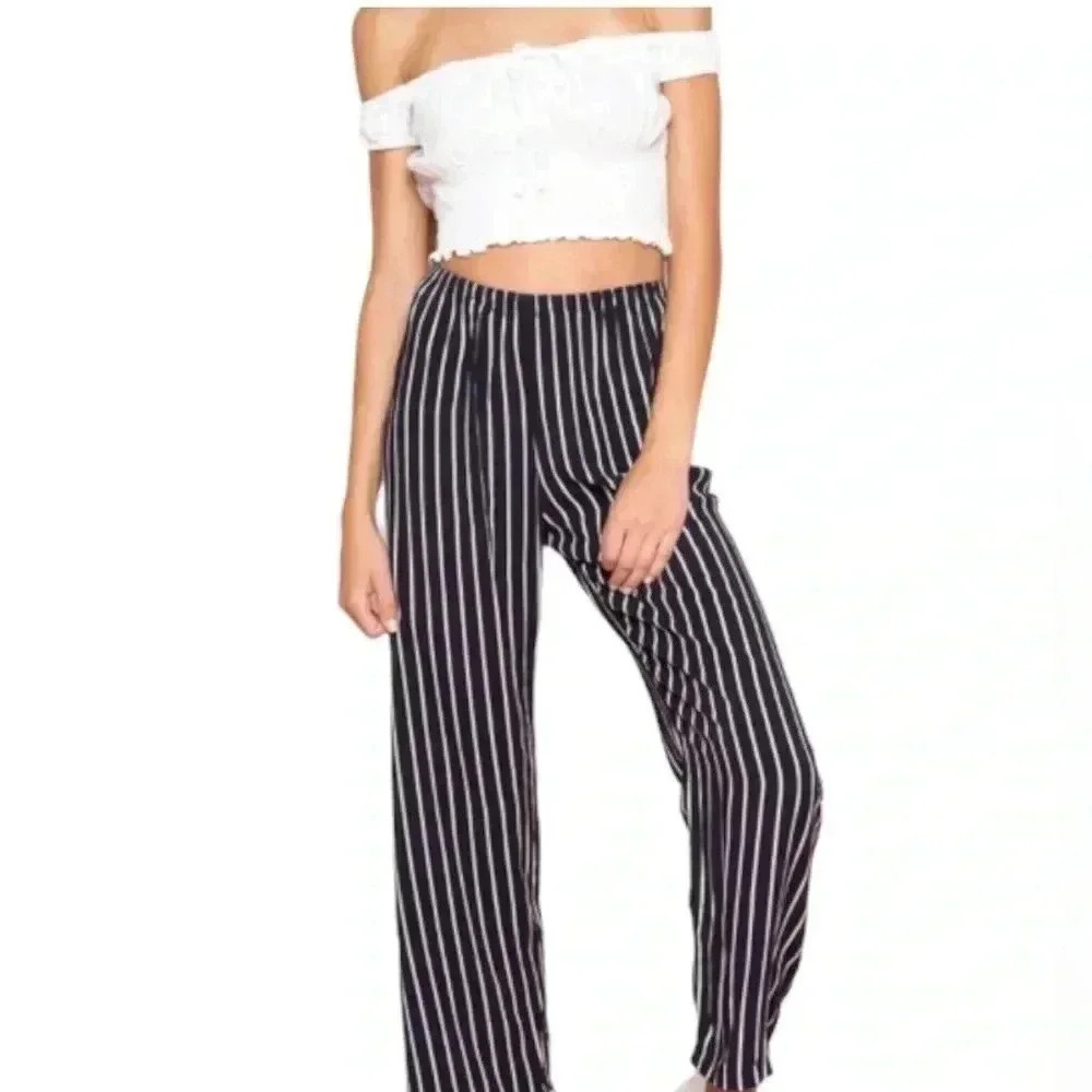 Brandy Melville Striped Frankie Pants Navy & White Flowy Stretch Waist